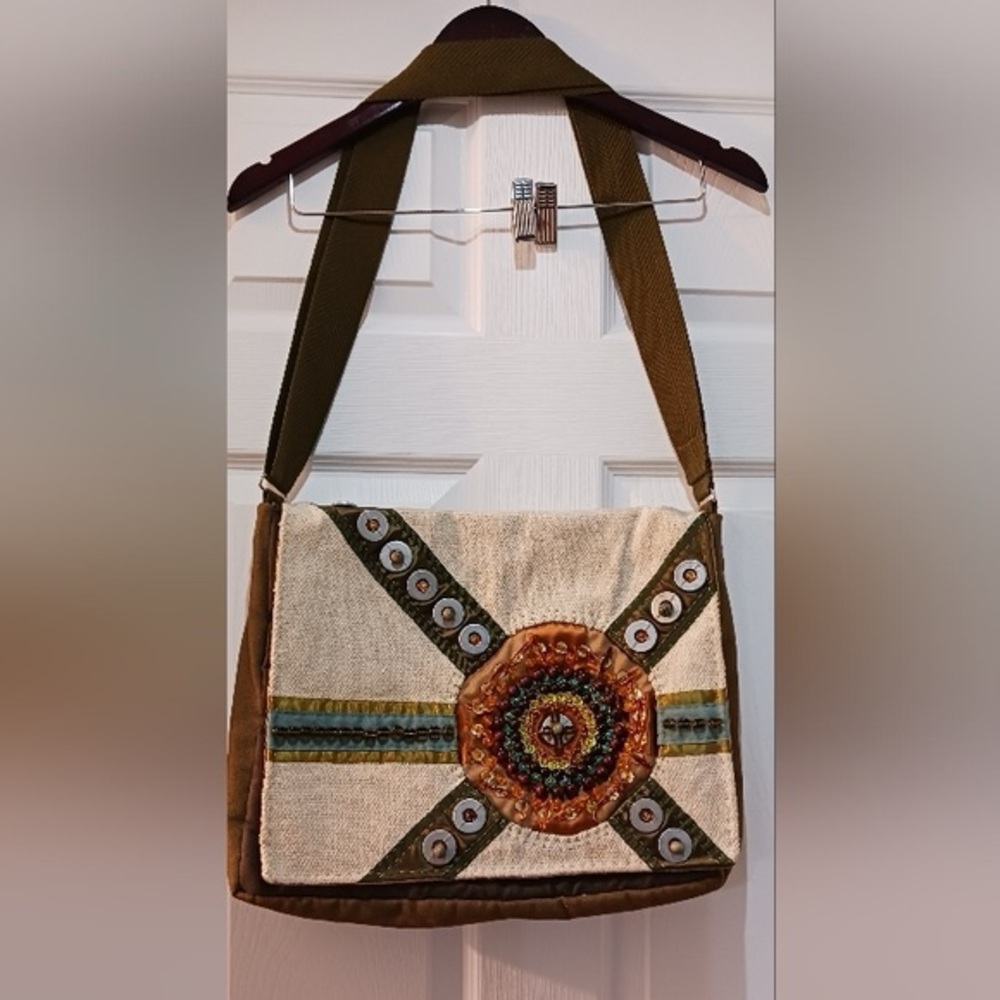Handmade messenger crossbody bag embroidered  with beads unisex